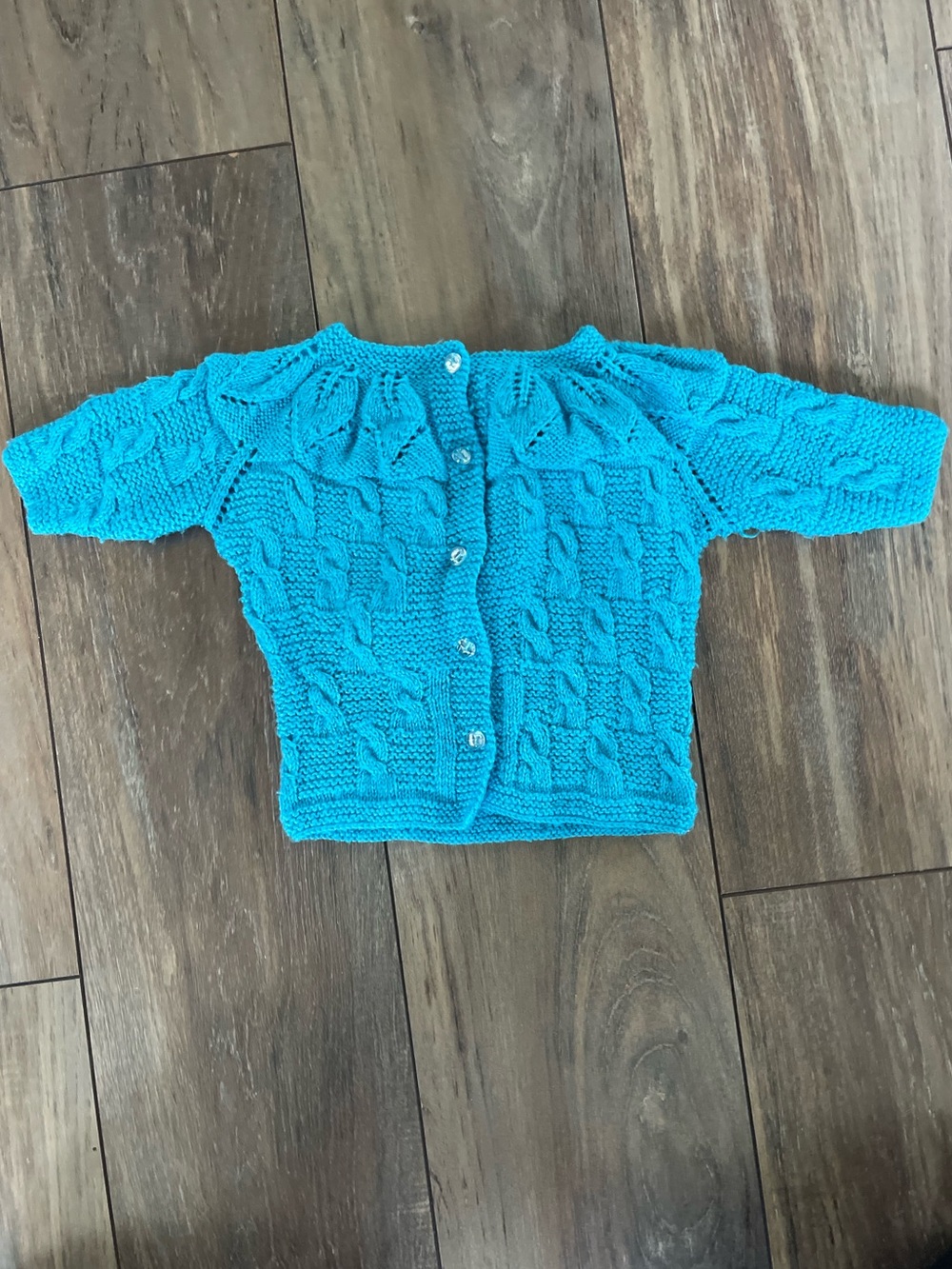 Handmade Turquoise Cable Knit Baby girl Cardigan short sleeves size 0-12 months